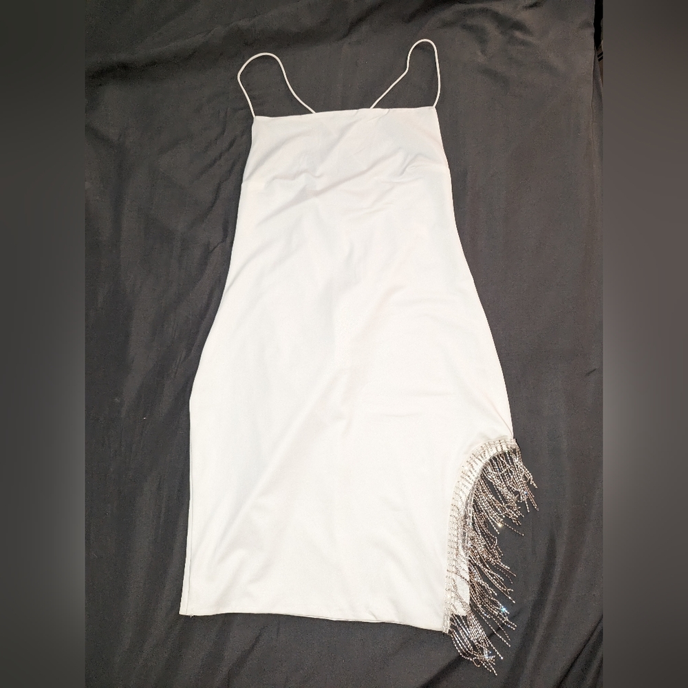 White satin, peekaboo dress